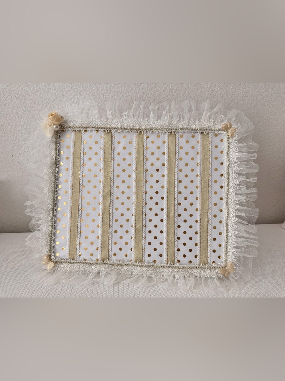 New handmade White and Gold Polka Dot Ribbon Organizer with Lace Nursery decor
